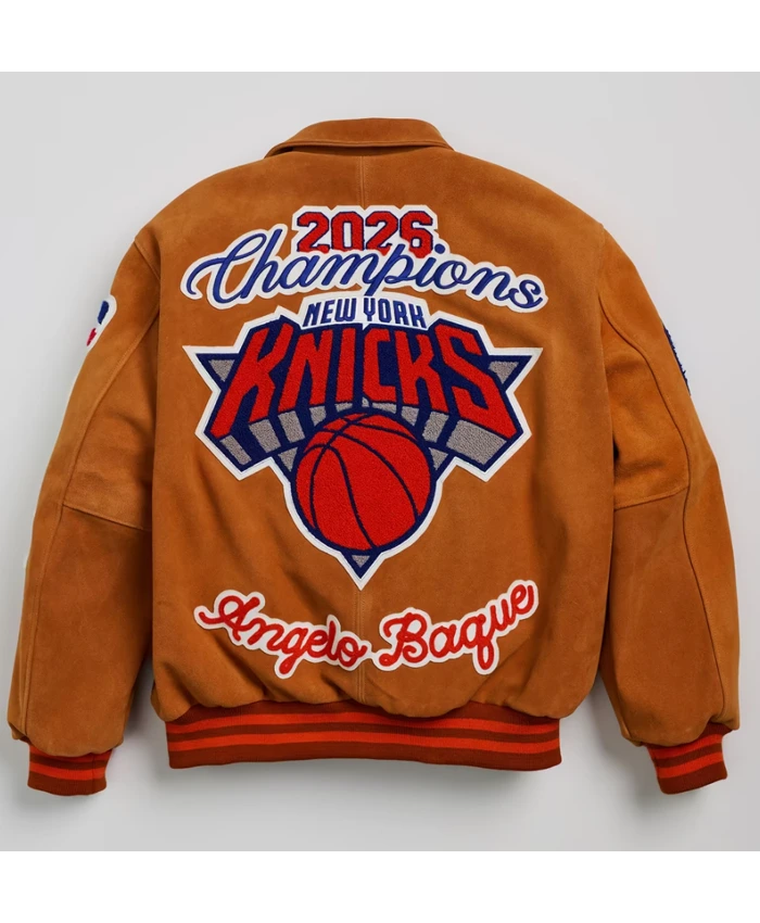 New York Knicks Fanatics 2026 NBA Finals Champions Artisan Brown Bomber Jacket Back