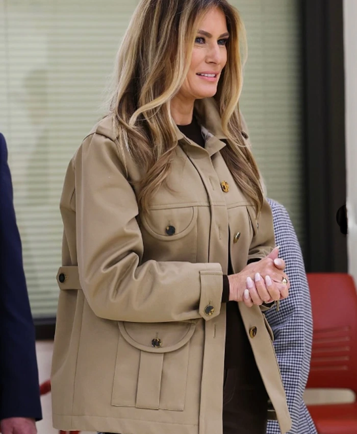 North Carolina Camp Lejeune Visit Military Families First Lady Melania Trump Beige Jacket Side View