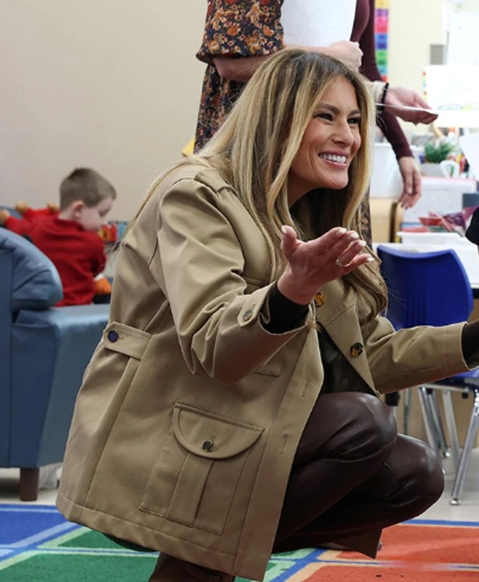 North Carolina Camp Lejeune Visit Military Families First Lady Melania Trump Beige Jacket