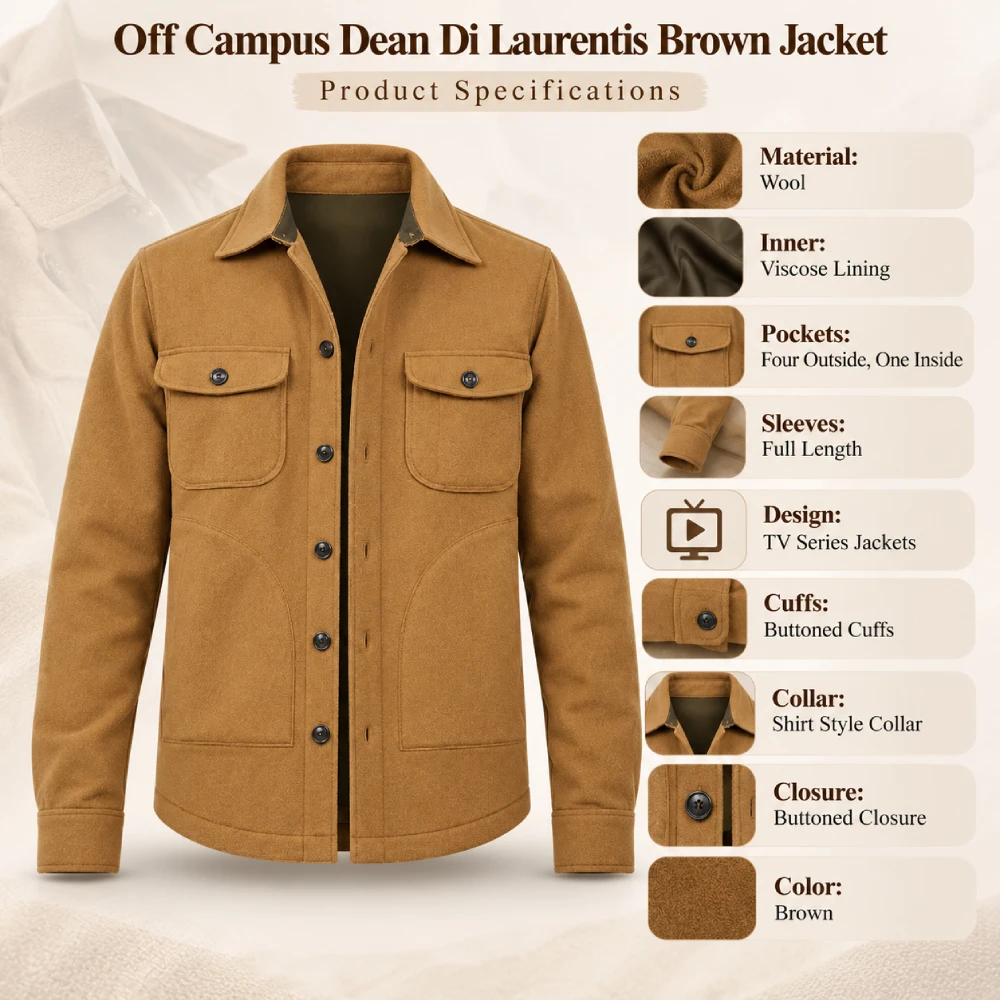 Off Campus Dean Di Laurentis Brown Jacket Infographic