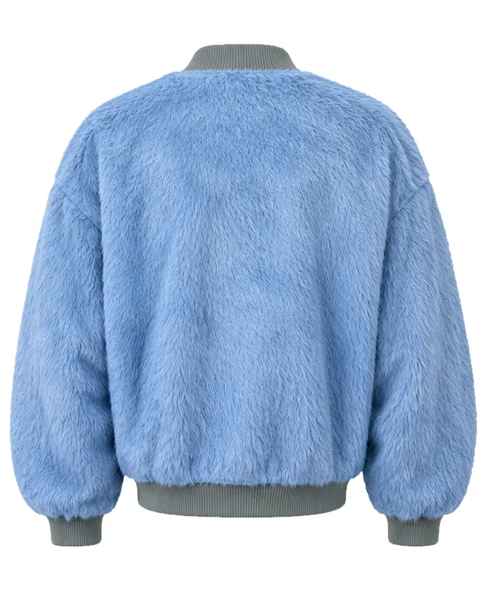 Order Now FAT JOE Set Of Keys Music Video Blue Fur Bomber Jacket at Discounted Price Back View