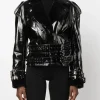 Order Now Philipp Plein Oversized Shearling & Patent Black Leather Belted Jacket On Sale