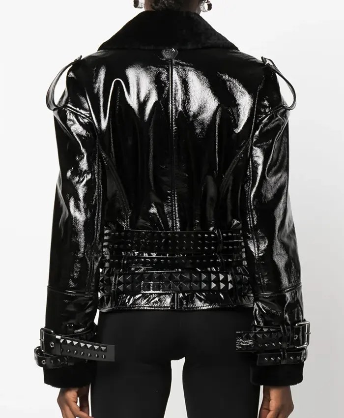 Order Now Philipp Plein Oversized Shearling & Patent Black Leather Belted Jacket On Sale Back View