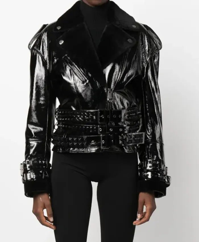 Order Now Philipp Plein Oversized Shearling & Patent Black Leather Belted Jacket On Sale