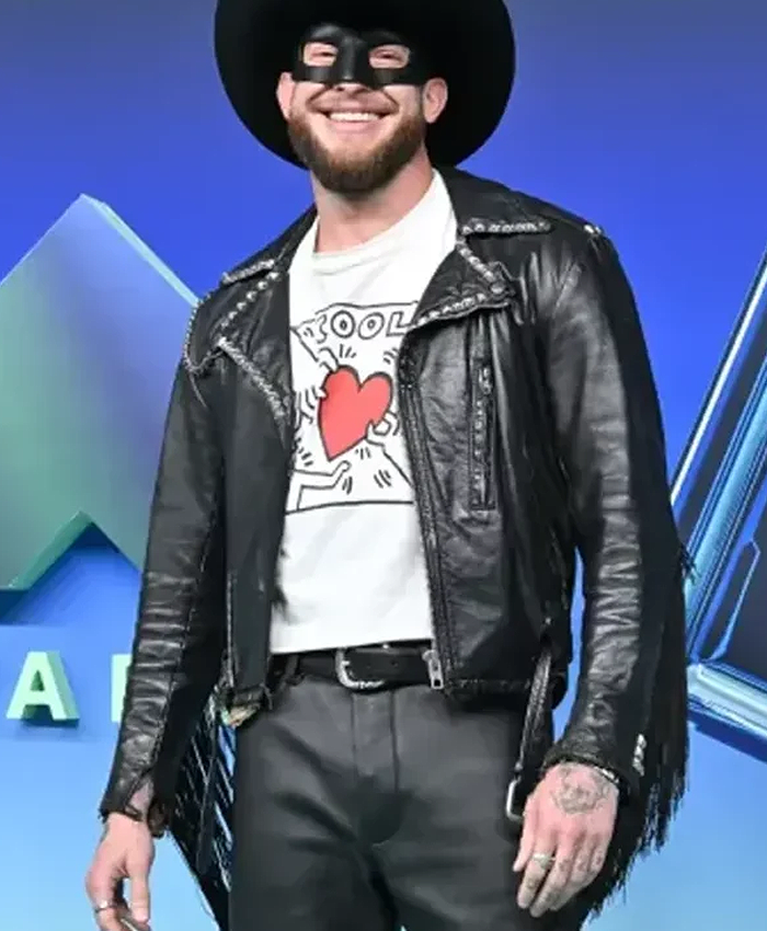 Orville Peck MTV Awards Show 2026 Black Leather Fringe Studded Jacket Front