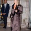 Paris Fashion Week 2026 Rosie Huntington Whiteley Chocolate Brown Satin Trench Coat