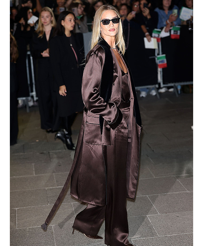 Paris Fashion Week 2026 Rosie Huntington Whiteley Chocolate Brown Satin Trench Coat Side
