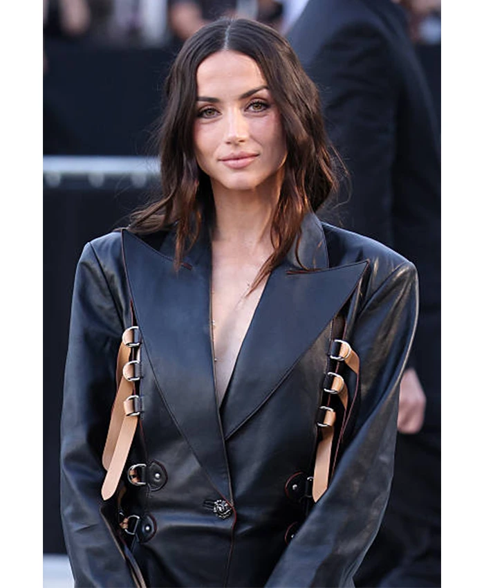 Paris Fashion Week Ana de Armas Buckled Leather Blazer