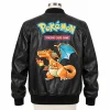 Pokemon Fire Dragon 2026 Full-Zip Black Leather Bomber Jacket