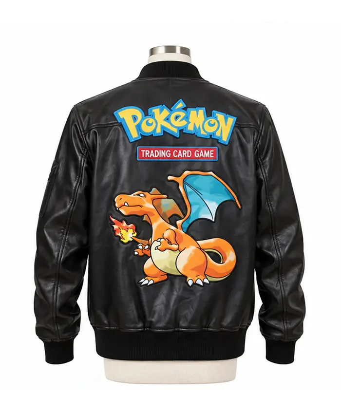 Pokemon Fire Dragon 2026 Full-Zip Black Leather Bomber Jacket