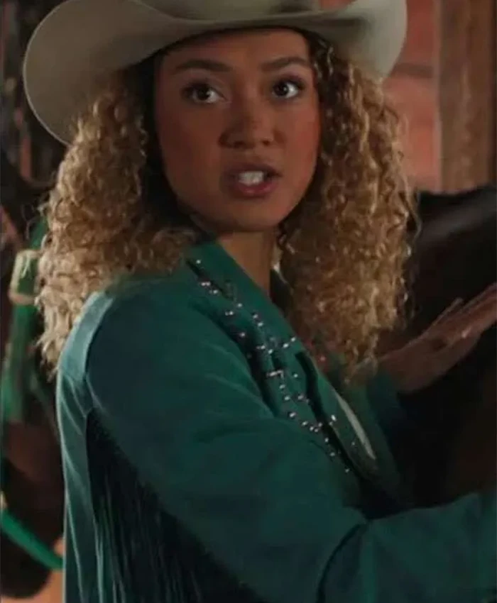 River TV Series Heartland 2026 Kamaia Fairburn Teal Studded Fringe Jacket Front
