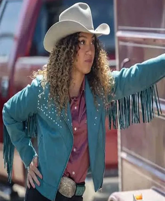 River TV Series Heartland 2026 Kamaia Fairburn Teal Studded Fringe Jacket