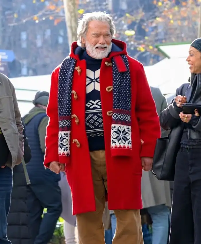 Santa Movie The Man with the Bag 2026 Arnold Schwarzenegger Red Hooded Wool Coat Front