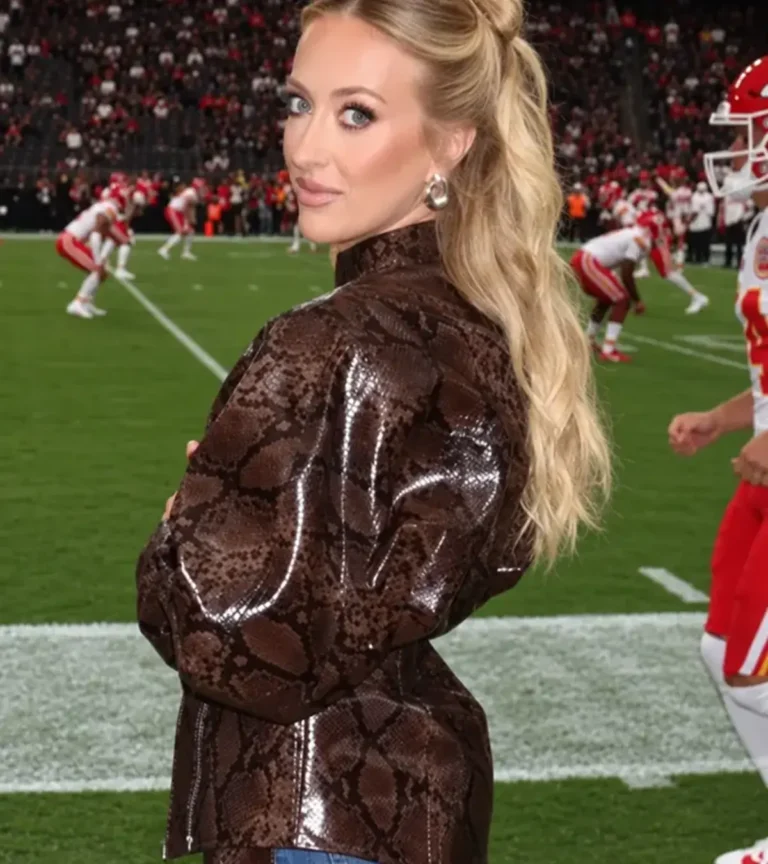Shop Allegiant Stadium 2026 Brittany Mahomes Brown Leather Jacket Back View