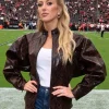 Shop Allegiant Stadium 2026 Brittany Mahomes Brown Leather Jacket On Sale