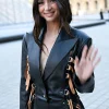 Shop Ana de Armas Paris Fashion Week 2026 Buckled Black Leather Blazer Front