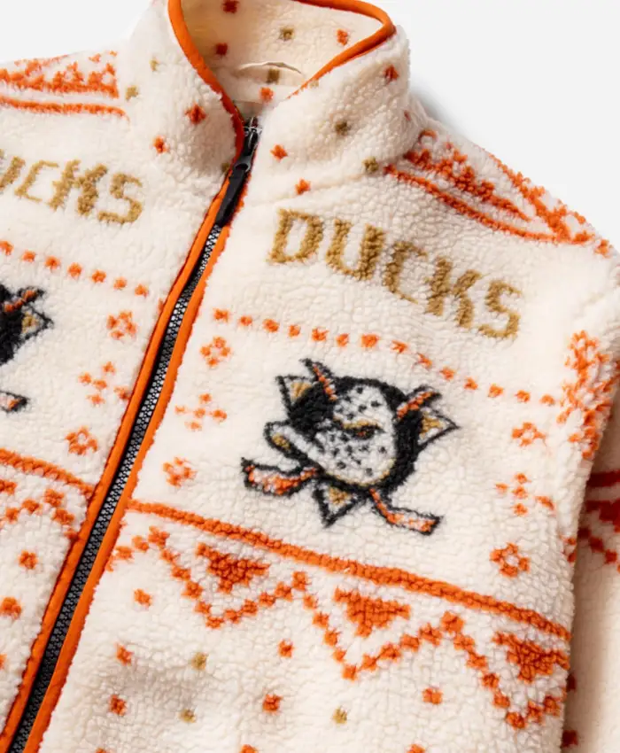Shop Cozy Holiday Ducks Sherpa Off-White Festive Pattern Jacket Front View
