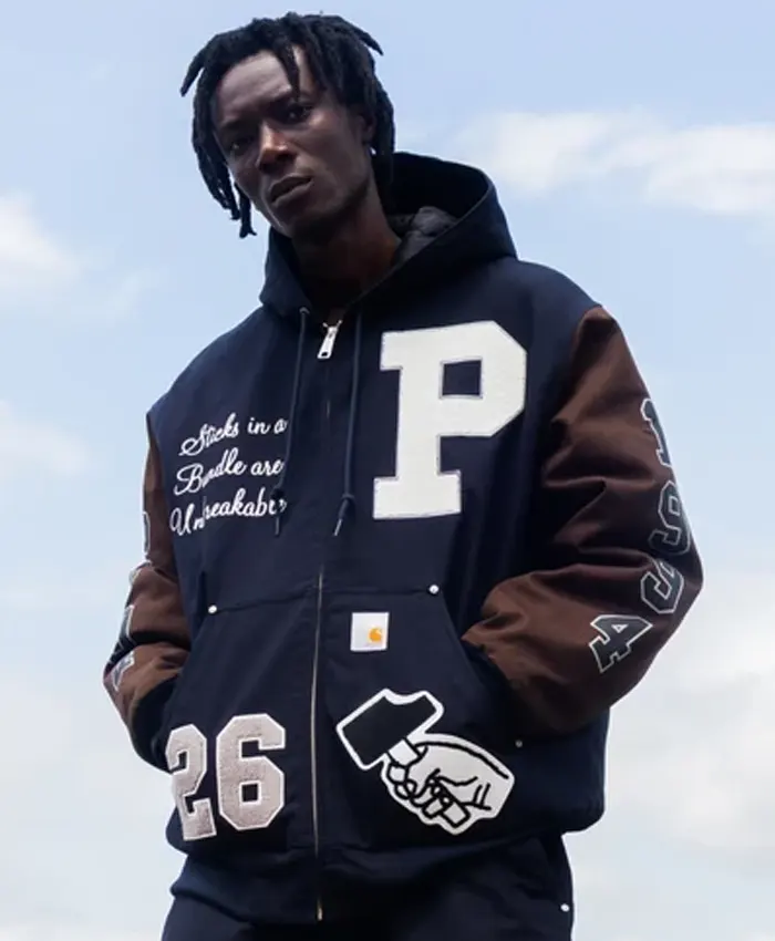 Shop Now Patta x Carhartt WIP OG Active Wool & Leather Hooded Varsity Jacket Front