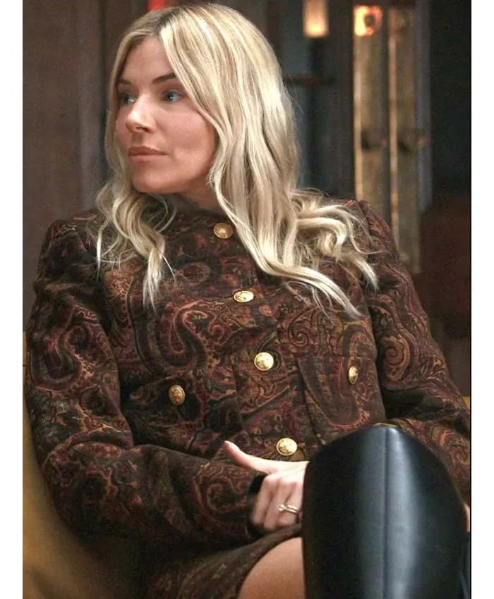 Sienna Miller TV Series War 2026 Carla Duval Gold Button Jacquard Jacket Front