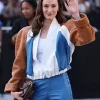 Sophie Turner Paris Fashion Week 2026 White and Blue Panel Cropped Leather Jacket