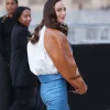Sophie Turner Paris Fashion Week 2026 White and Blue Panel Cropped Leather Jacket Back