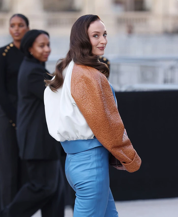 Sophie Turner Paris Fashion Week 2026 White and Blue Panel Cropped Leather Jacket Back