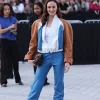 Sophie Turner Paris Fashion Week 2026 White and Blue Panel Cropped Leather Jacket Front