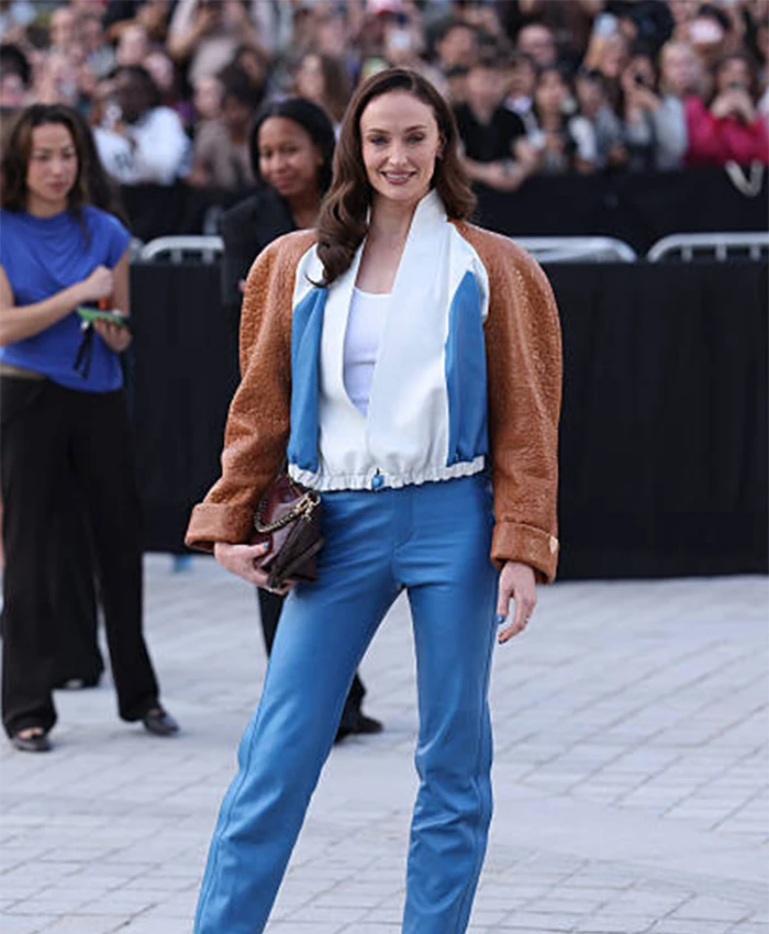 Sophie Turner Paris Fashion Week 2026 White and Blue Panel Cropped Leather Jacket Front