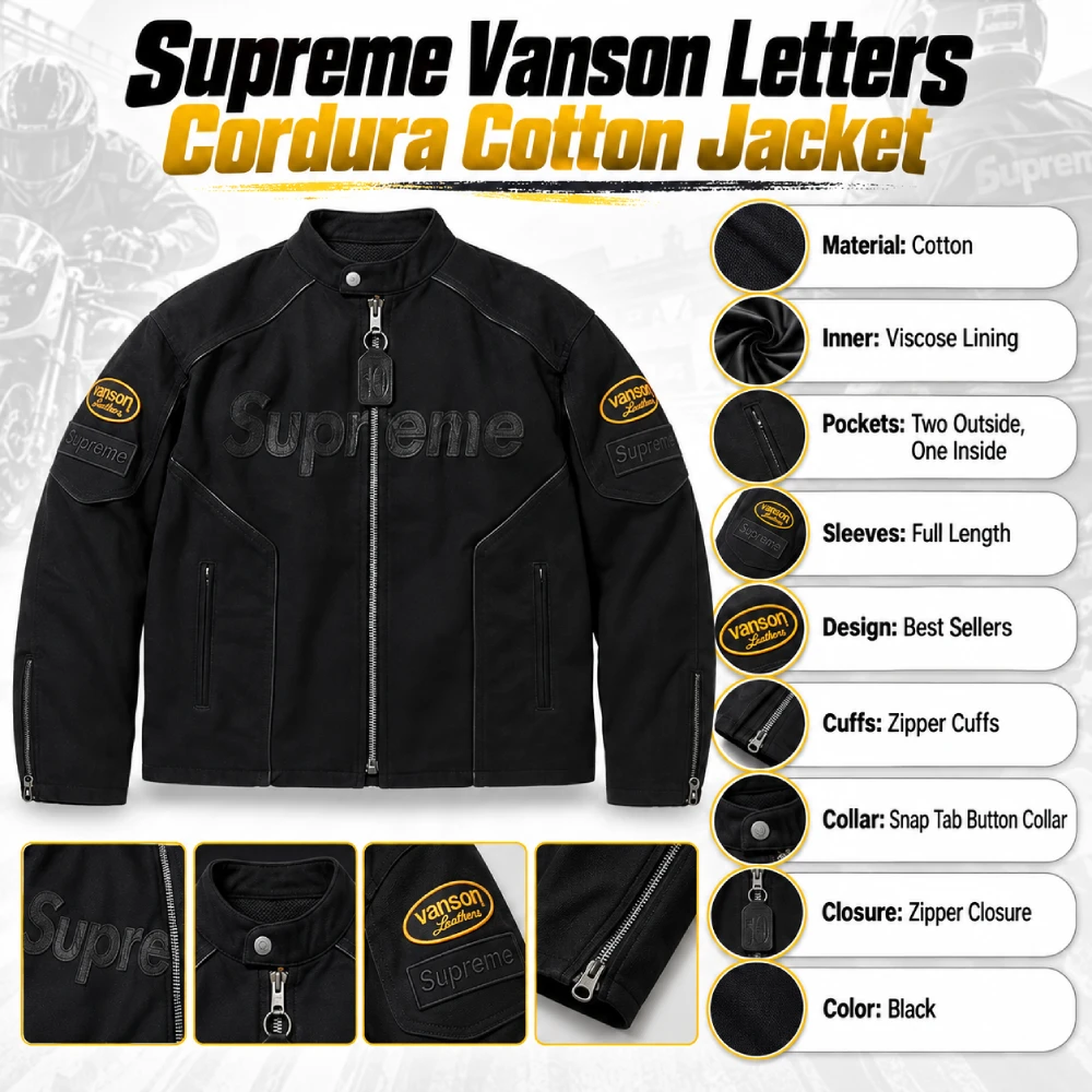 Supreme Vanson Letters Cordura Cotton Jacket Infographic