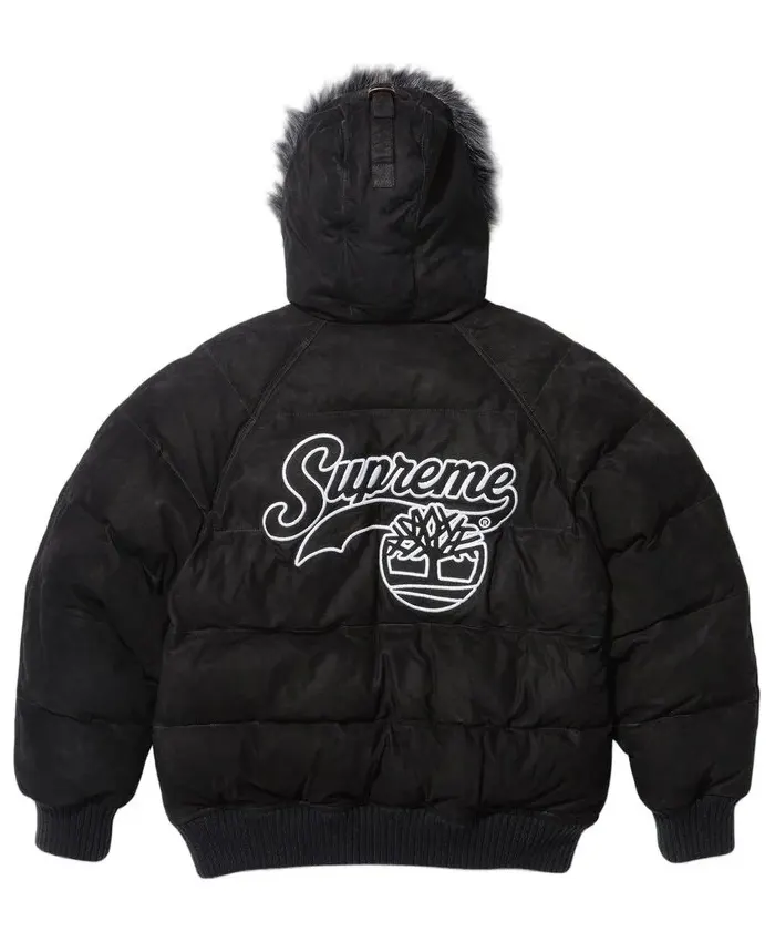 Supreme x Timberland Suede Leather Puffer Jacket With Fur Hooded Collar Black Back