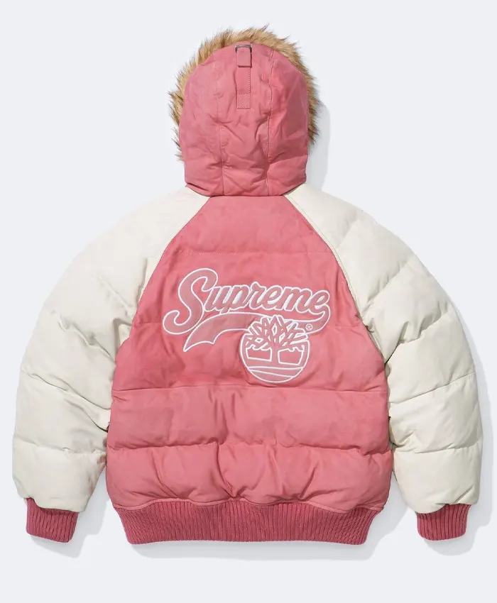 Supreme x Timberland Suede Leather Puffer Jacket With Fur Hooded Collar Pink Back