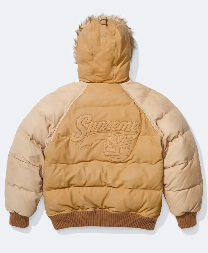 Supreme x Timberland Suede Leather Puffer Jacket With Fur Hooded Collar