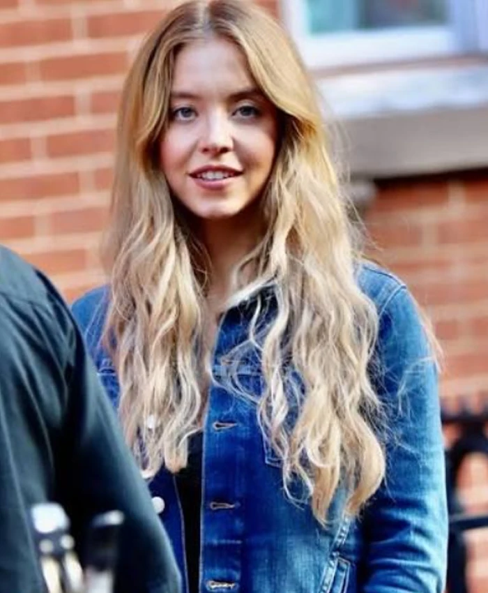 Sydney Sweeney on Movie Set The Housemaid Secret Blue Denim Jacket On Sale Front View