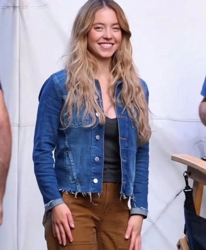 Sydney Sweeney on Movie Set The Housemaid Secret Blue Denim Jacket On Sale