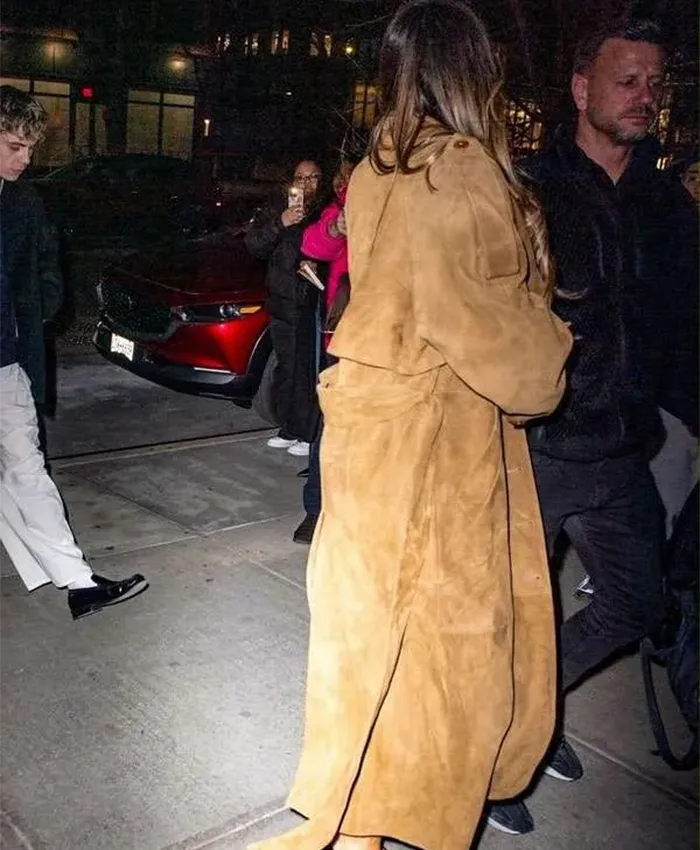 Tate McRae Saturday Night Live After Party Brown Suede Leather Trench Coat Back