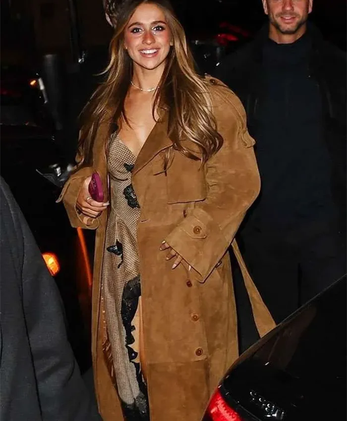Tate McRae Saturday Night Live After Party Brown Suede Leather Trench Coat