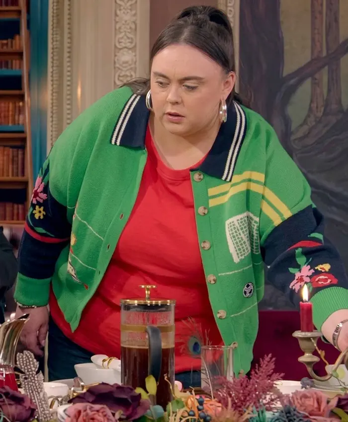 The Celebrity Traitors S02 Sharon Rooney Football Print Cardigan Front