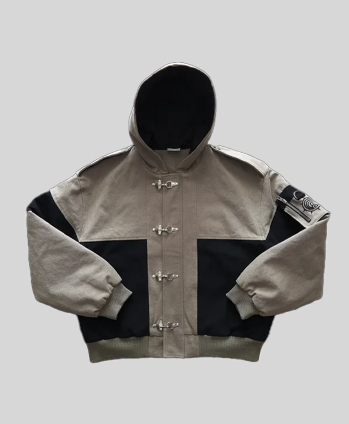 The Cleaners Canvas Clasp Grey and Black Hooded Bomber Jacket