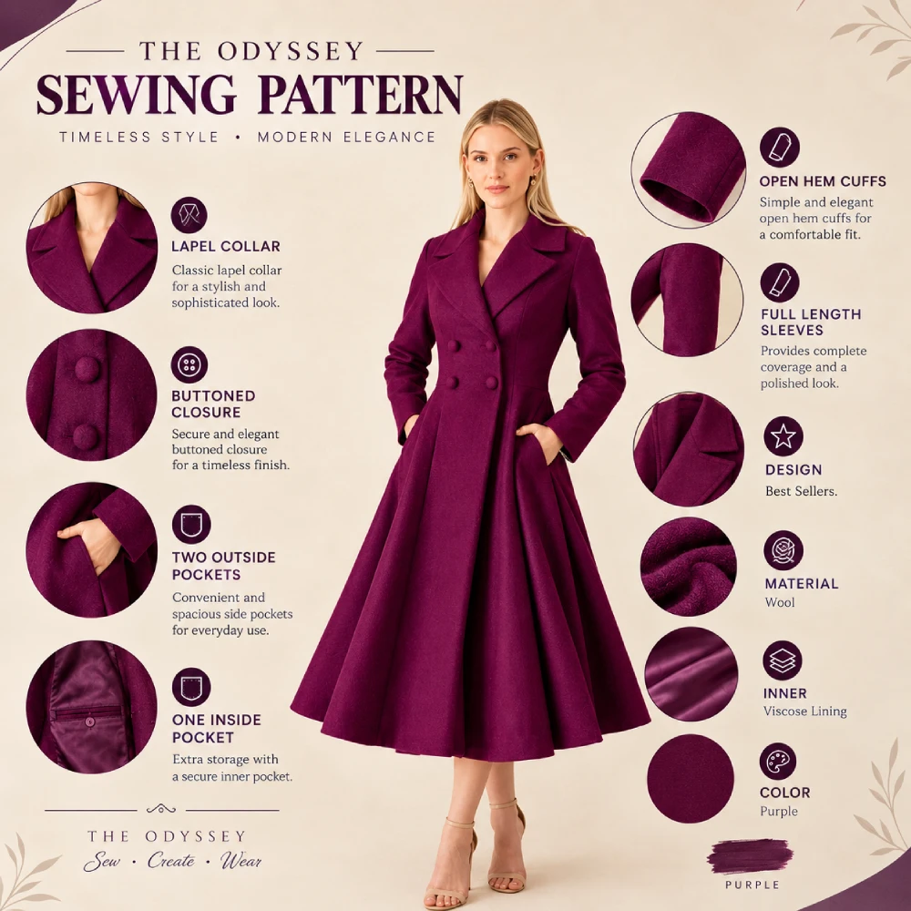 The Odyssey Sewing Pattern Purple Coat Infographic