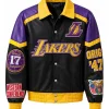 The R&B Tour SoFi Stadium 2026 Usher Black Lakers Themed Leather Varsity Jacket Front