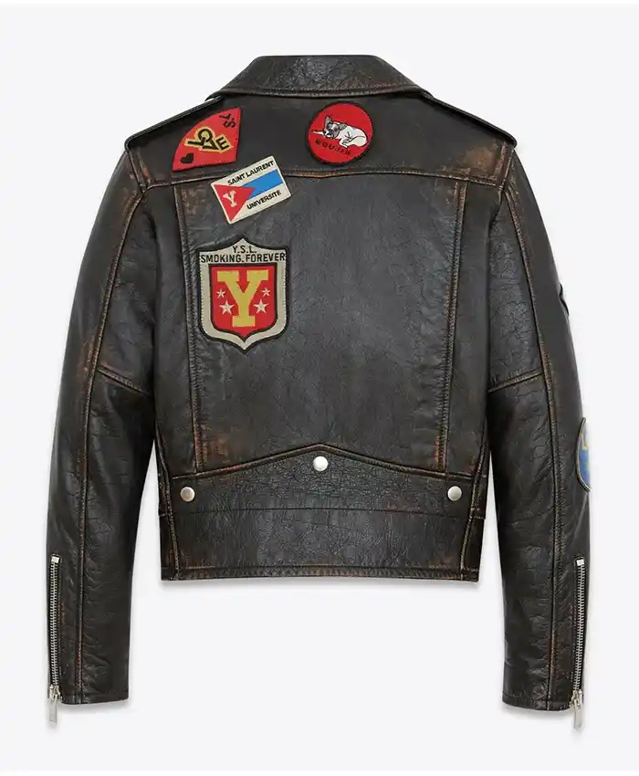 Tory Lanez Saint Laurent Men's Classic Multi-Patch Embellished Leather Biker Jacket Back