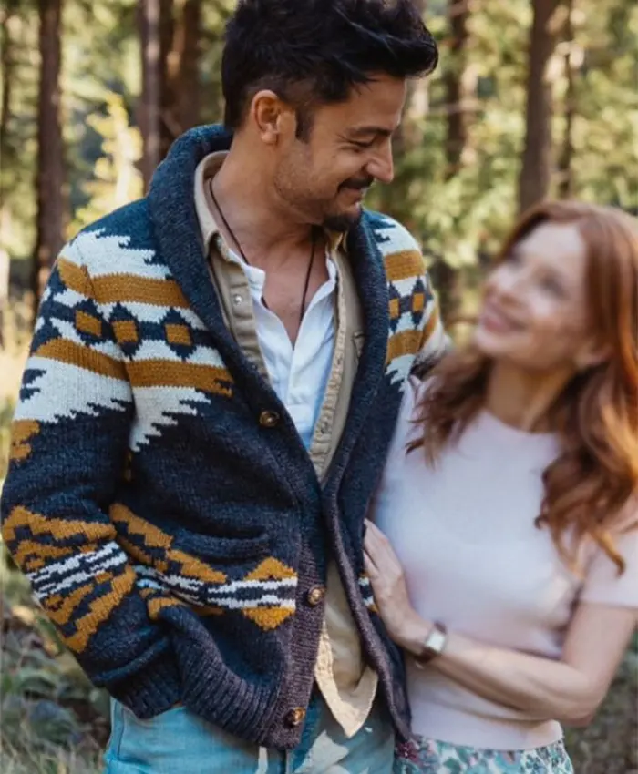 Tyler Hynes Movie I’ll Be Seeing You 2026 Mark Appleyard Aztec Print Cardigan Front