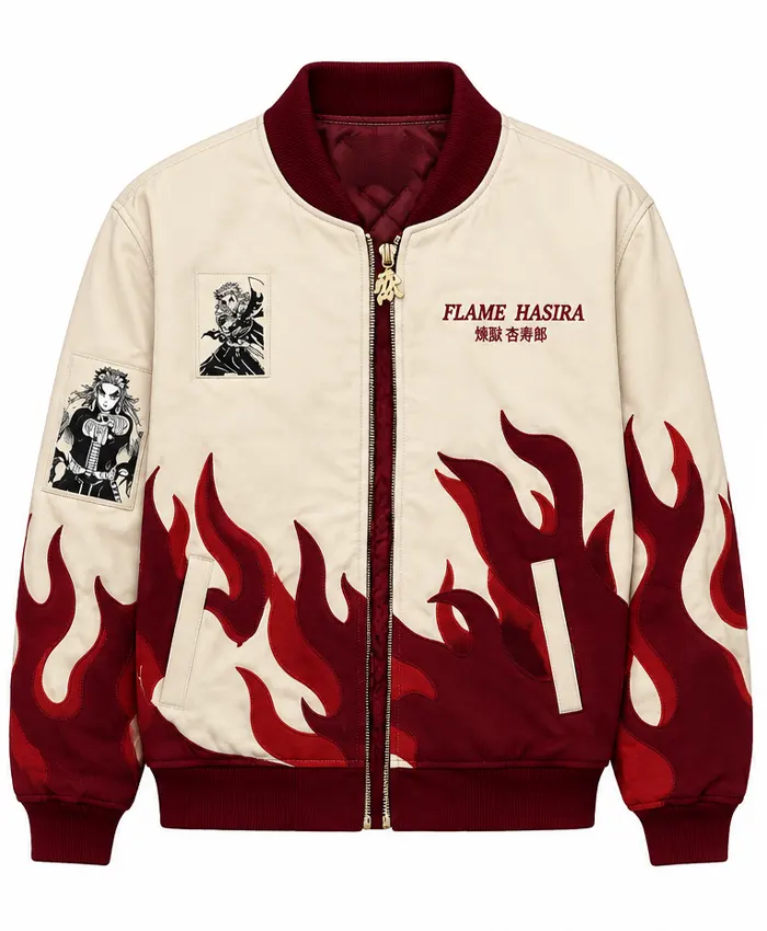 Unisex Demon Slayer Rengoku Flames Varsity Bomber Jacket at Discounted Price
