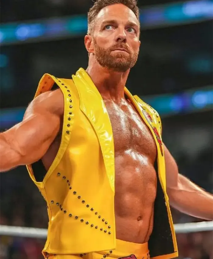 WWE Money In The Bank 2026 LA Knight Studded Yellow Leather Vest Front