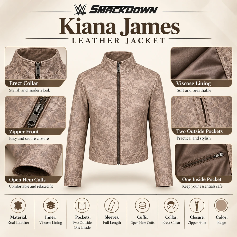 WWE SmackDown Kiana James Leather Jacket Infographic