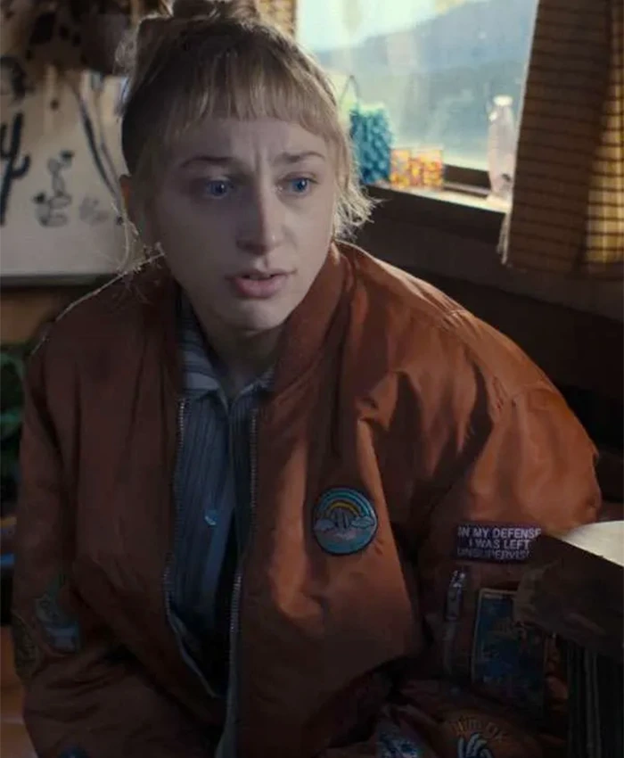 Williams TV Series Black Doves 2026 Ella Lily Hyland Orange Bomber Jacket Front