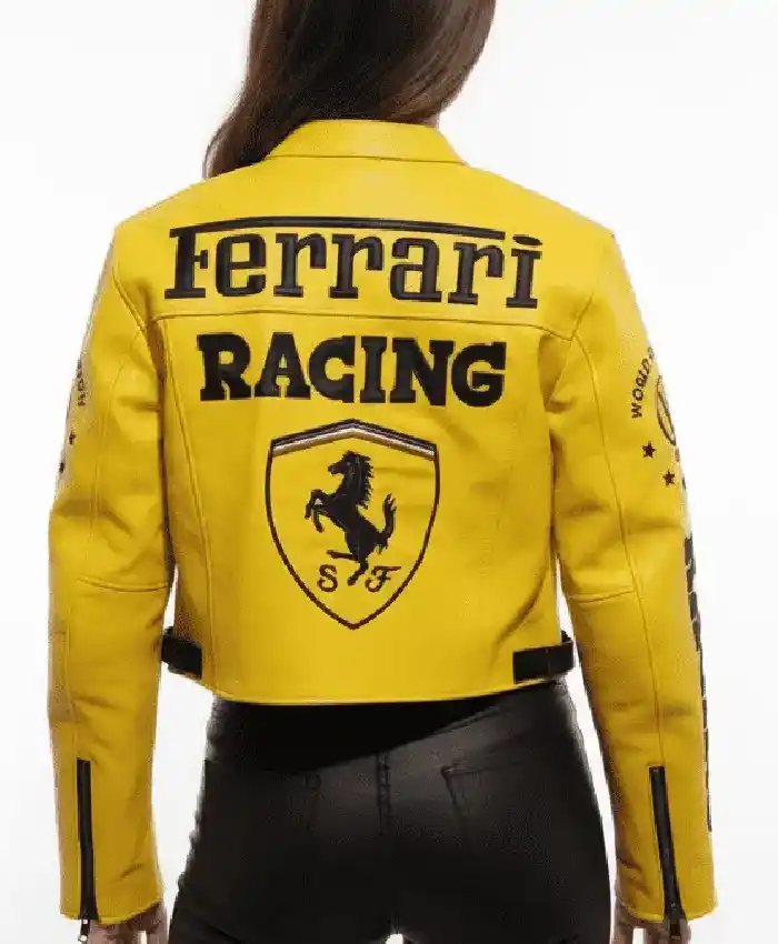 Women FERRARI Yellow Cropped Classic Leather Jacket On Sale