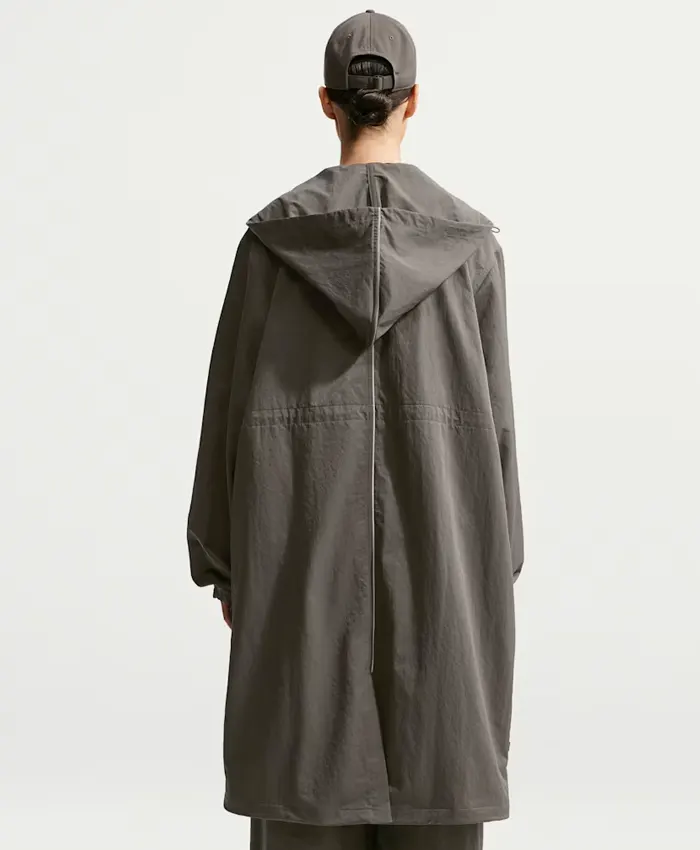 Women’s Nike x SKIMS Crunchy Nylon Hooded Parka Long Coat On Sale Grey Back