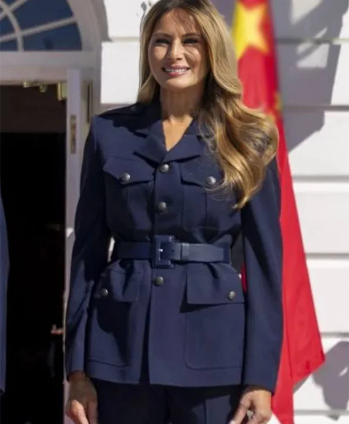XI Summit 2026 White House Melania Trump Navy Blue Belted Coat