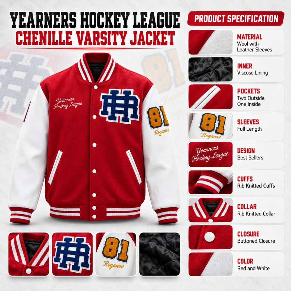 Yearners Hockey League Chenille Varsity Jacket Infographic